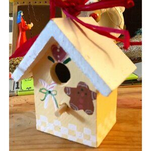 Christmas Ornament Painted Wood Birdhouse Red Raffia Hanger NWOT